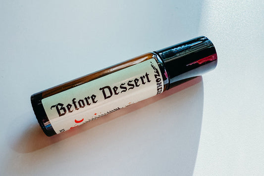 Roll-on bottle labeled 'Before Dessert' on a light background