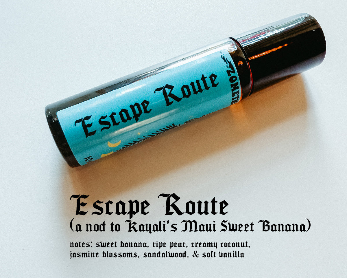 Roll-on bottle labeled 'Escape Route' on a light background