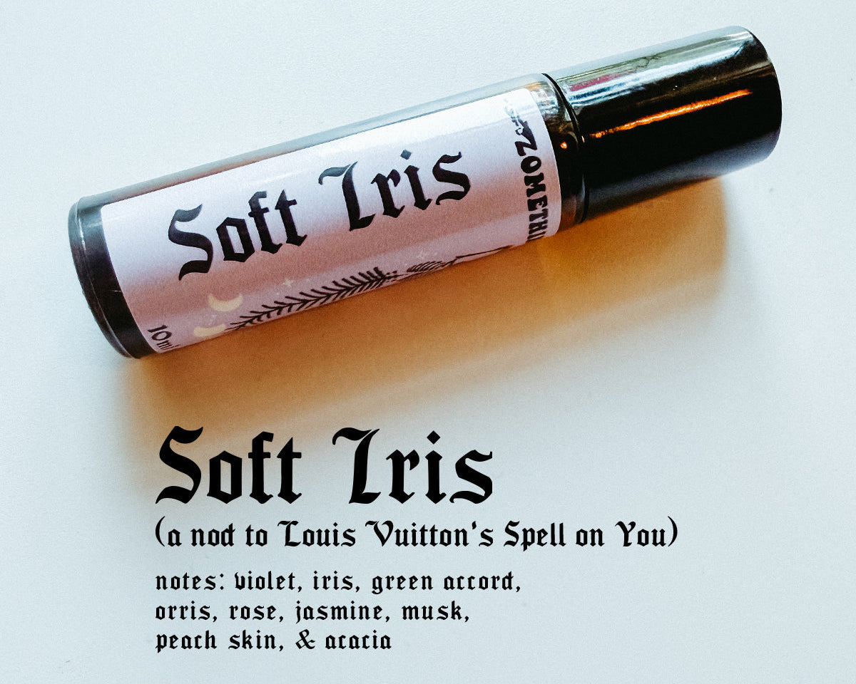 Roll-on bottle labeled 'Soft Iris' with description on a light background